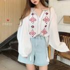 Patterned Embroidered Blouse White - One Size