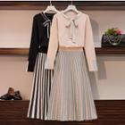 Set:long-sleeve Contrast Trim Ribbon Top + Striped A-line Midi Skirt