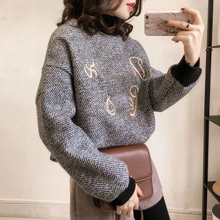 Mock-turtleneck Embroidered Chevron Print Pullover