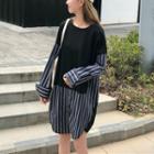 Mock Two-piece Long-sleeve Striped Panel Dress As Shown In Figure - One Size
