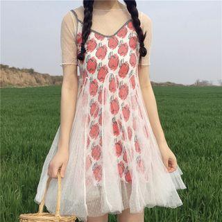 Set: Printed Spaghetti Strap Dress + Short Sleeve Mesh Dress