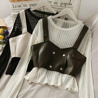 Set: Rib-knit Sheer Top + Double-breasted Faux-leather Vest