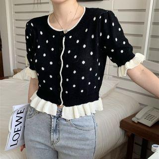 Short-sleeve Dotted Ruffled Knit Top Polka Dot - Black - One Size