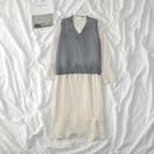 Lace Trim V-neck Chiffon Dress / V-neck Vest