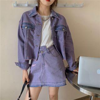 Plain Cropped Denim Jacket / High-waist Asymmetrical A-line Denim Mini Skirt