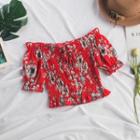 Floral Print Short-sleeve Blouse Red - One Size