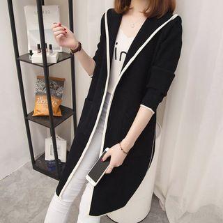 Contrast-trim Hooded Zip Long Jacket
