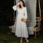 V-neck Long-sleeve Maxi A-line Lace Dress