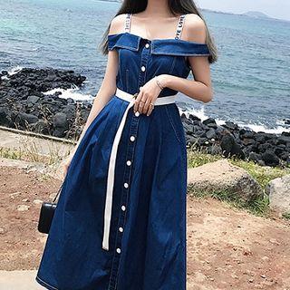 Lettering Strap Short-sleeve Denim A-line Midi Dress
