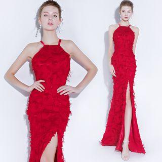 Halter Fringed Split Hem Mermaid Evening Gown