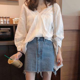 Embroidered V-neck Blouse White - One Size