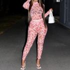 Set: Long-sleeve Mesh Lettering Jumpsuit