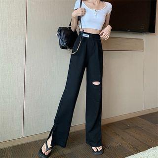 Applique Distressed Wide Leg Pants