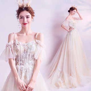 Off-shoulder Sequined Long Train Wedding Dress
