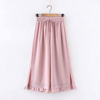 Embroidered Ruffle Trim Wide-leg Pants
