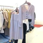 Set: V-neck Blouse + Pleated Midi A-line Skirt