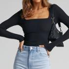 Long-sleeve Square Neck Ribbed Cropped T-shirt