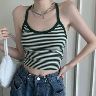 Striped Cropped Halter Top Stripes - Green - One Size