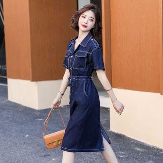 Short-sleeve Open-collar Denim Sheath Shirtdress