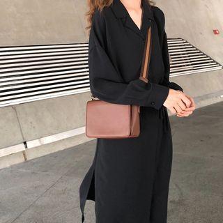 Plain Long-sleeve Midi Collared Dress Black - One Size
