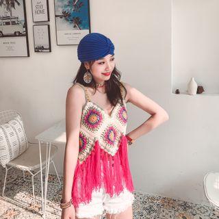 Tassel Color Block Crochet Camisole Top Blue & Yellow & Red - One Size