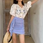 V-neck Balloon-sleeve Lace Top