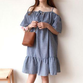 Gingham Elbow Sleeve Off Shoulder Dress