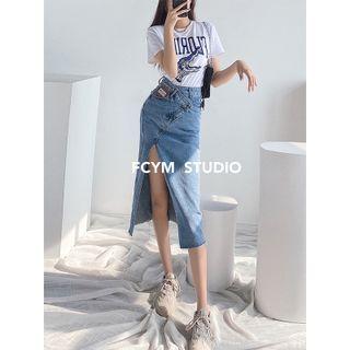 Asymmetric Slited Denim Midi Skirt