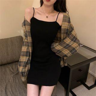 Spaghetti Strap Mini Bodycon Dress / Plaid Long-sleeve Shirt