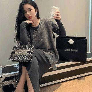 Set: Plain Knit Dress + V-neck Slit-back Vest