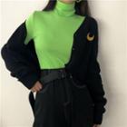 Moon Embroidered Button Jacket / Turtleneck Long-sleeve Top