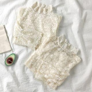 Mock-turtleneck Bell-sleeve Lace Blouse