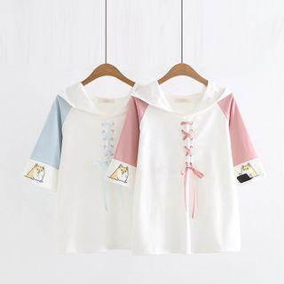 Lace-up Dog Print Elbow-sleeve Hoodie