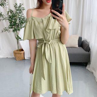 Cold-shoulder A-line Dress With Sash