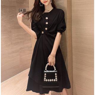 Puff-sleeve Asymmetrical Midi A-line Dress