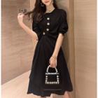 Puff-sleeve Asymmetrical Midi A-line Dress