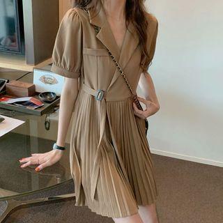 Short-sleeve Belt-waist Pleated Dress