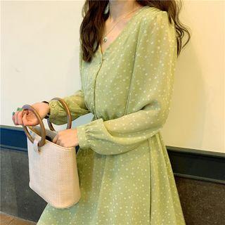 Long-sleeve Floral A-line Midi Chiffon Dress