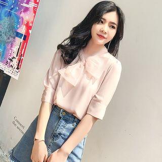 Bow Neck Elbow-sleeve Blouse