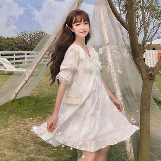 Bell-sleeve Lace Blouse / Spaghetti Strap Midi Chiffon Dress