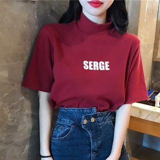Short-sleeve Mock Neck Lettering T-shirt / Plain Shirt