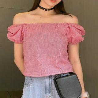 Puff-sleeve Square-neck Loose Fit Plaid Top