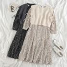 Puff-sleeve Floral Print Midi A-line Dress / Ribbed Knit Vest