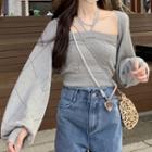 Set: Halter-neck Knit Top + Cardigan Gray - One Size
