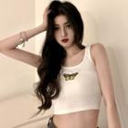 Butterfly Embroidered Cropped Tank Top White - One Size