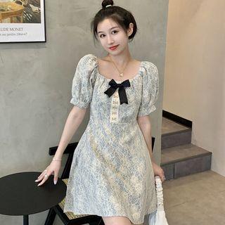 Puff-sleeve Bow-front Floral Mini A-line Dress