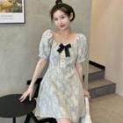 Puff-sleeve Bow-front Floral Mini A-line Dress
