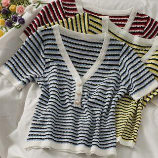 Deep V-neck Striped Crop Knit Top
