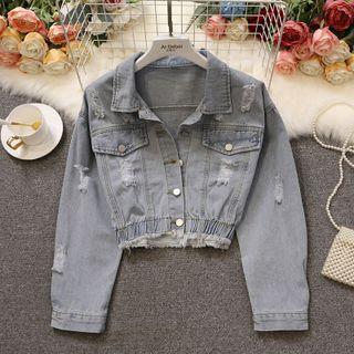Distressed Denim Jacket Gray Black - One Size