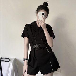 Set: Short-sleeve Double-breasted Mini Blazer Dress + Harness Belt